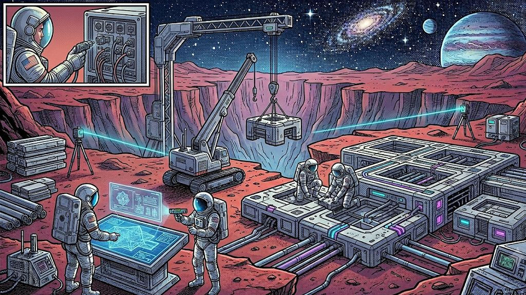 Ein Astronaut, der auf dem Mars das Fundament für ein Gebäude legt