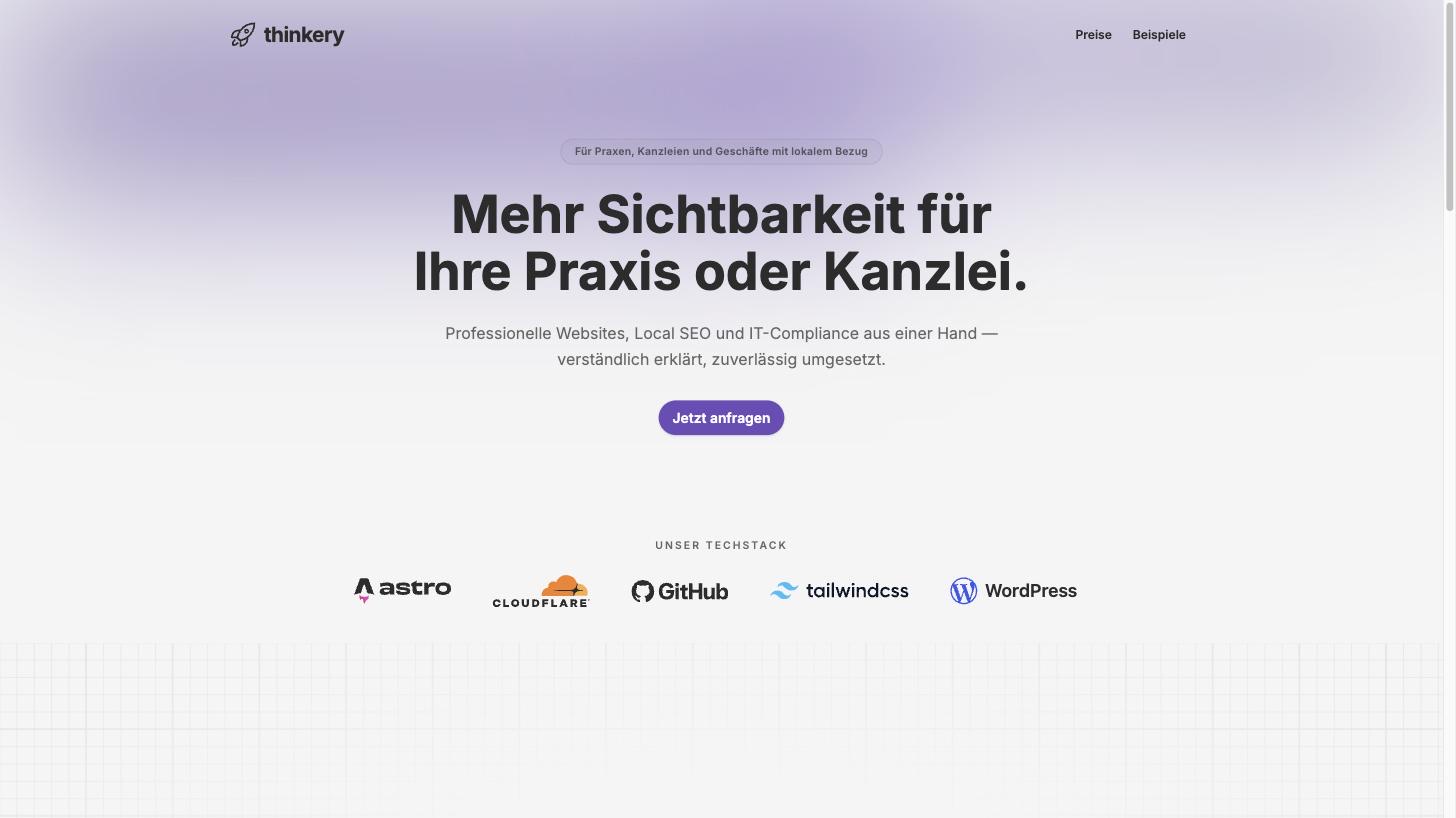 thinkery.eu Startseite im hellen Modus, mit der Techstack-Zeile